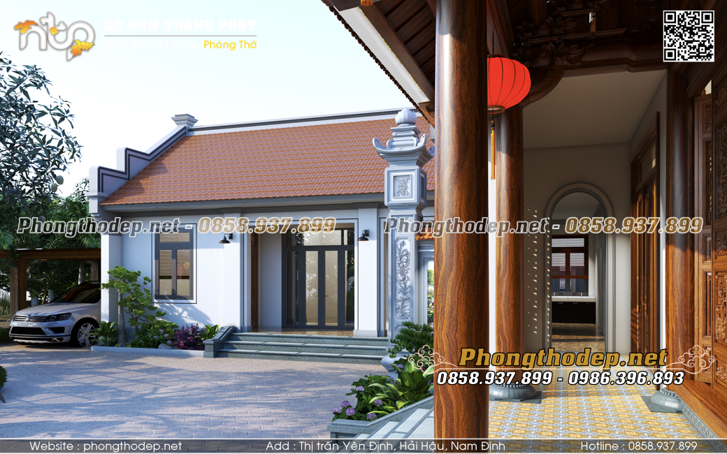 Nhà ngang hiện đại và tiện nghi trong khuôn viên nối với nhà gỗ 5 gian